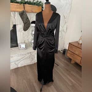 Express Black Long Sleeve Low Plunge Satin gown size 8 (medium)